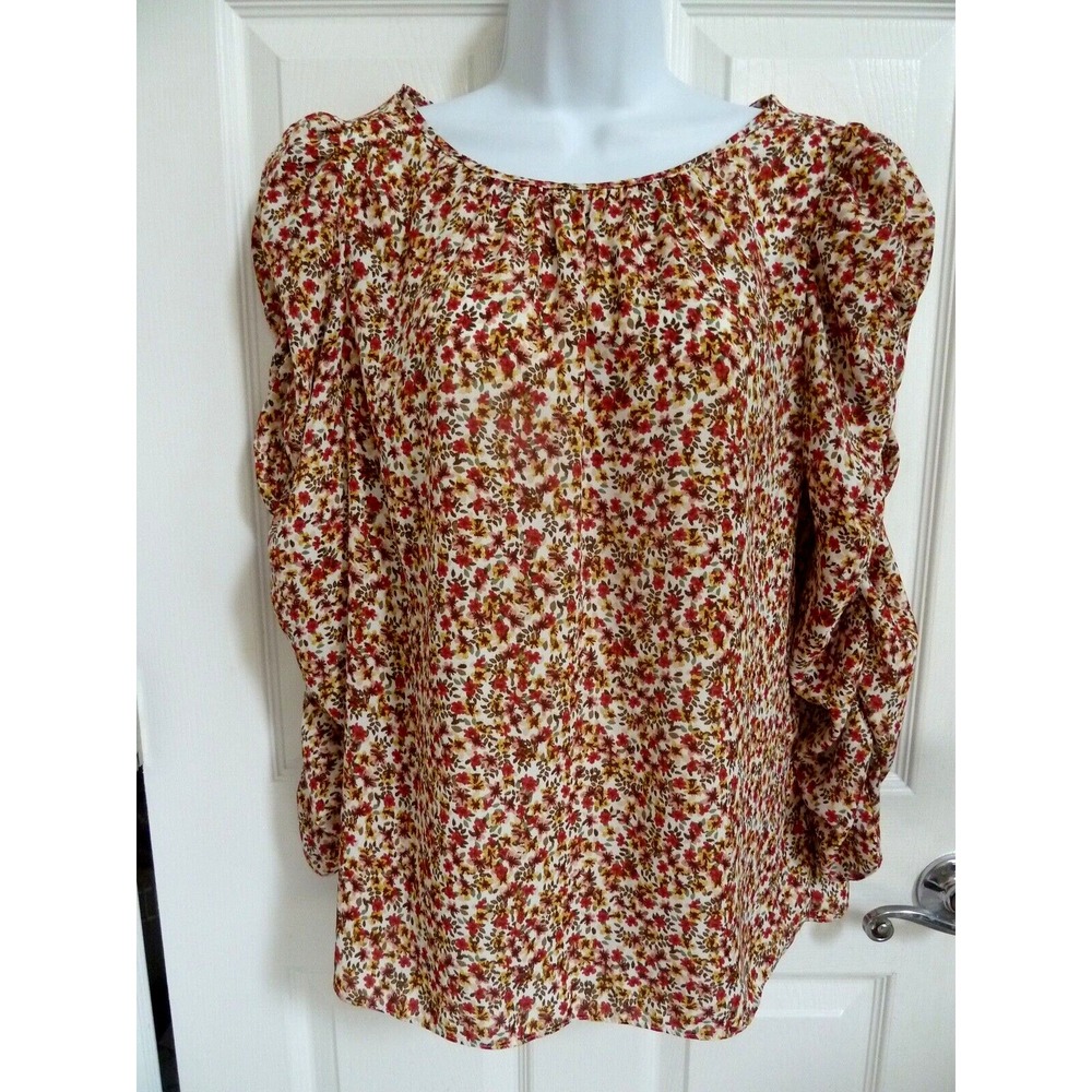 **MAX STUDIO Sz Med. Long Ruched Sleeve Cottagecore Blouse Top Floral**